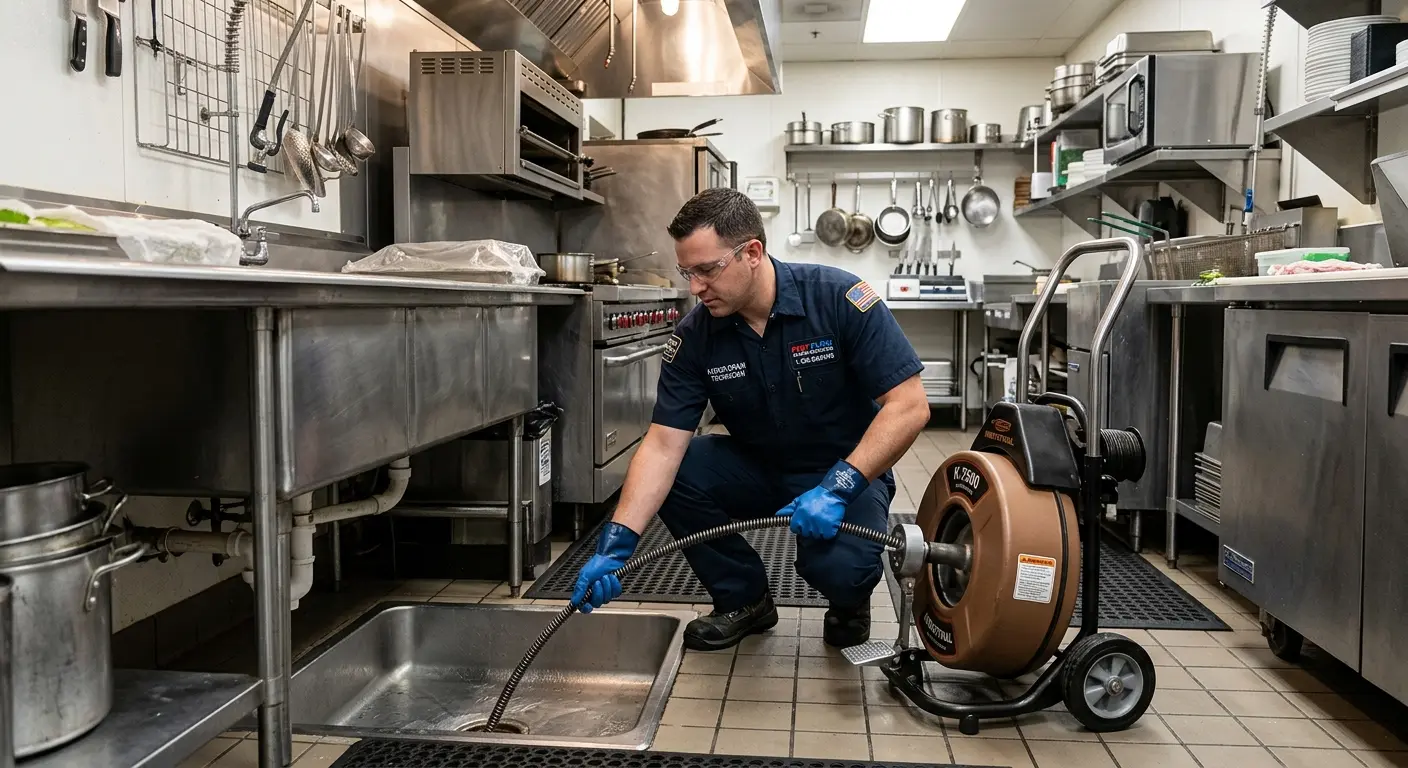 Commercial drain cleaning service in a restaurant kitchen in Kent