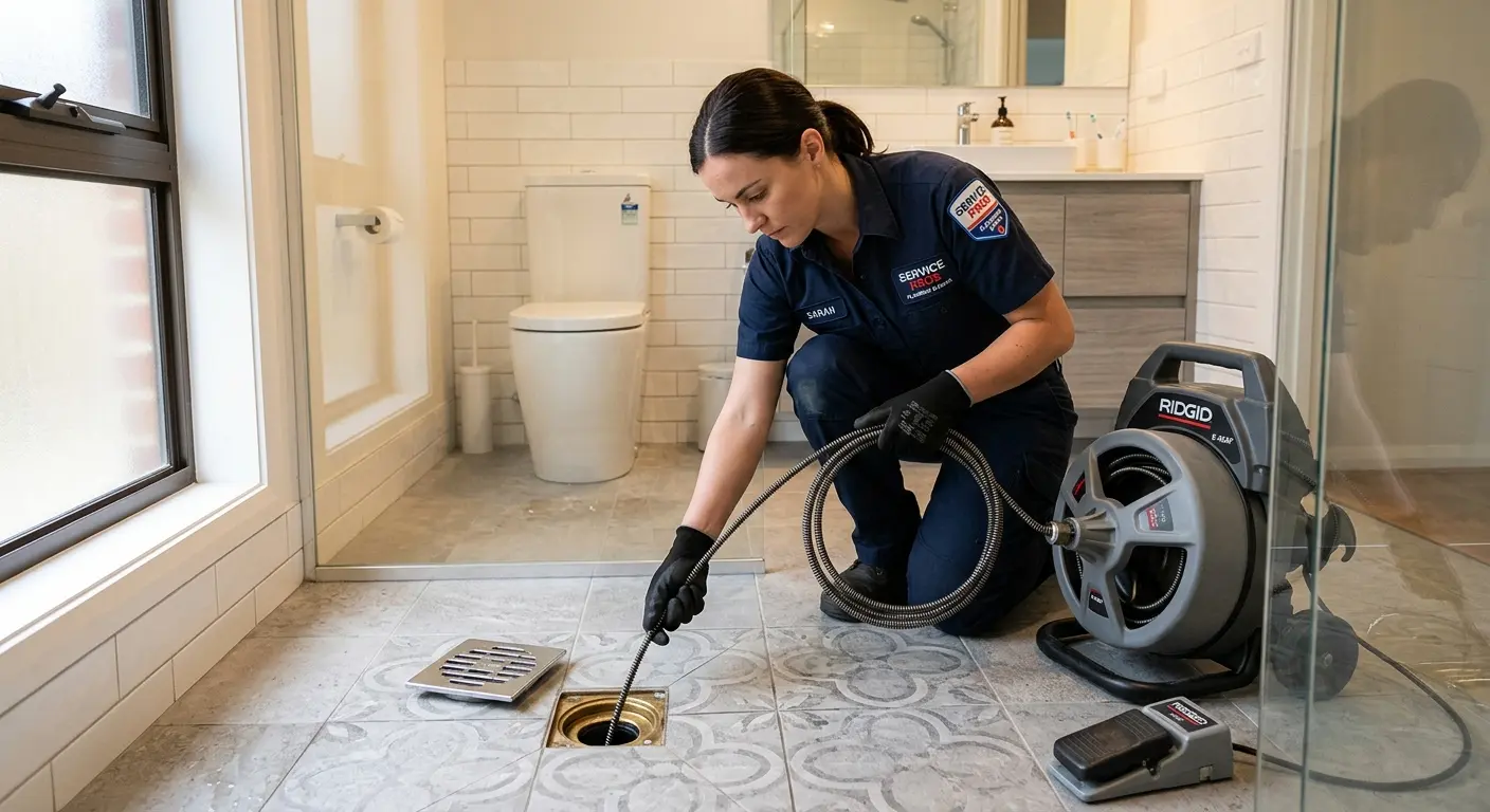 Technician clearing a bathroom floor drain for Sewer Line Installation in Kent